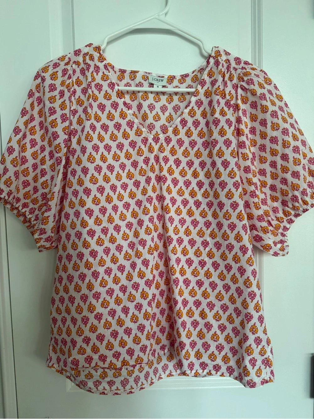 J. Crew Pink and Orange Floral Puff-Sleeve V-Neck Blouse